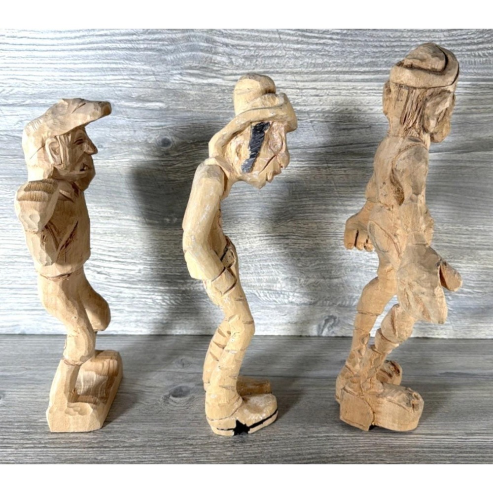 3 Vintage Folk Art Wood Hand Carved Figures Unpainted Project Pieces Wooden - Picture 4 of 11